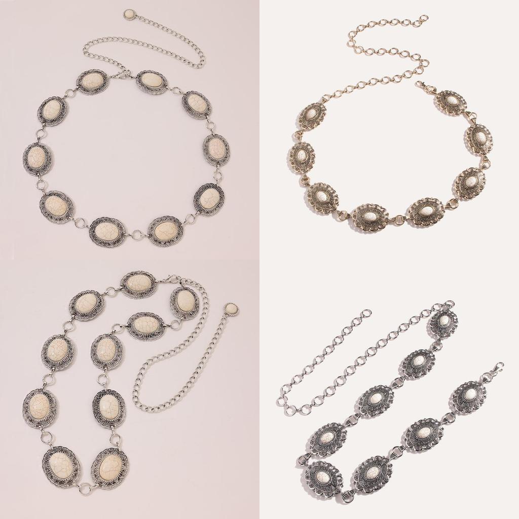 Artistic Metal Womens Waist Chain With Carved Simulated White Turquoise And Vintage Motifs For Fashion Enthusiasts
