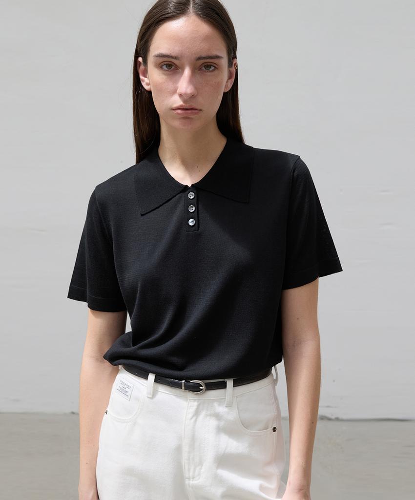 EMKM Lyocell Silk Collared Knit Top_Black