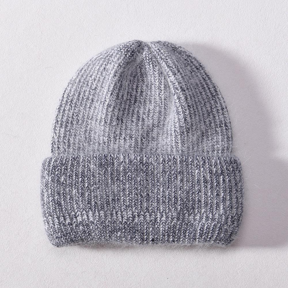 Autumn and winter mixed color rabbit velvet long hair knitted hat double-layer folded edge soft waxy comfortable versatile wool hat