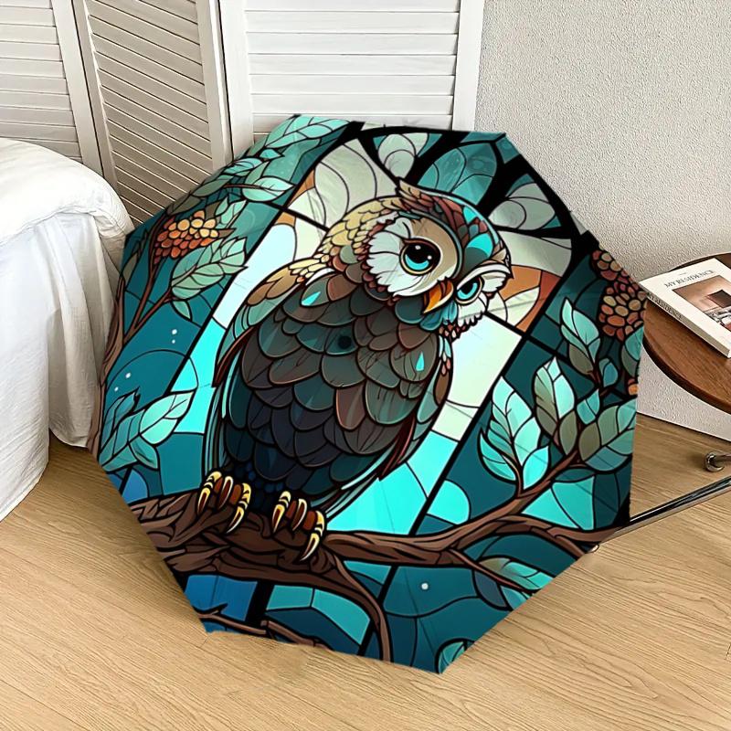 Stained Owl Design Automatic Opening Folding Umbrella with 8-Bone Iron Frame, Suitable for Fans, Travel, Daily Use, Ideal Gift for Outdoor E