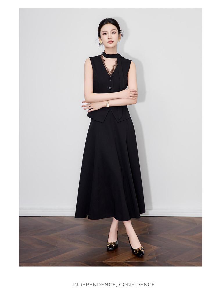 Elegant Lace V-Neck Vest & Midi Skirt Set - Women's New Autumn Style