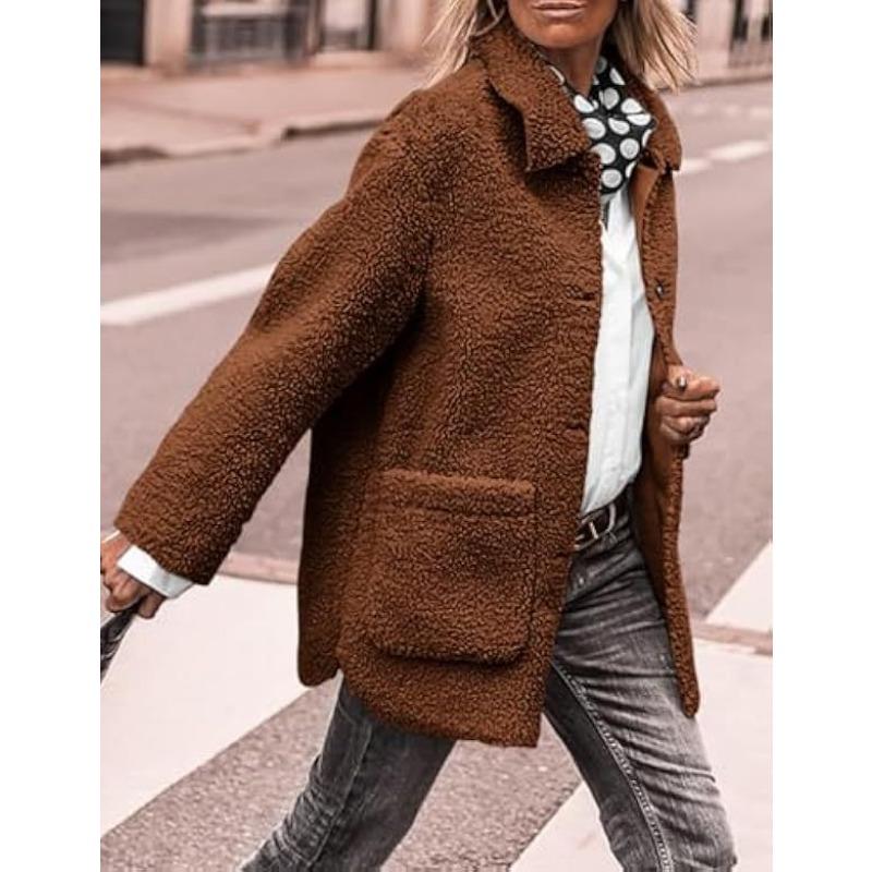 Lamb Wool Coat for Women Long Sleeves Turndown Collar  Medium Length Cotton Jacket Solid Color Warm Comfortable Autumn and Winter