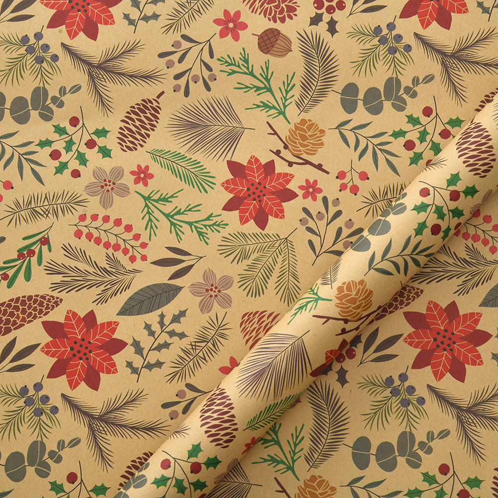 50x70cm 1 Roll Christmas Gift Wrapping Paper with Snowflake, Santa Claus, Reindeer Printed for Christmas, New Year Celebration