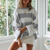 Autumn and Winter Women's Sweater, Women's Rolled Edge Round Neck Striped Color Blocked Knit Sweater