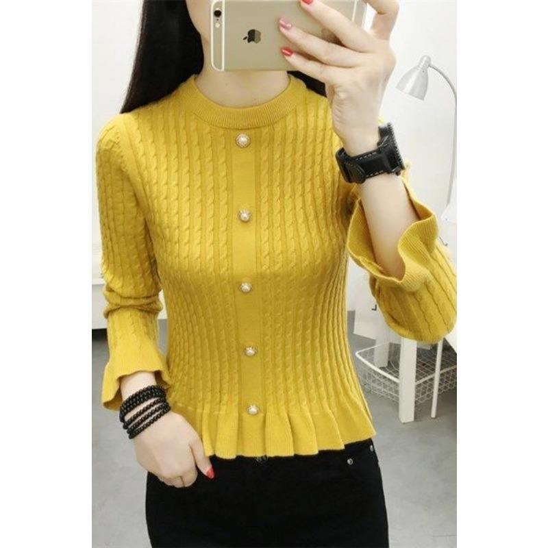 

Women s New Style of Fungus-edged Knitted Bottoming Autumn and Winter New Long-sleeved Short Top S жёлтый
