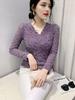 Women's V-Neck Lace Mesh Velvet Top - Long-Sleeve, Slim, Stylish for Autumn/Winter