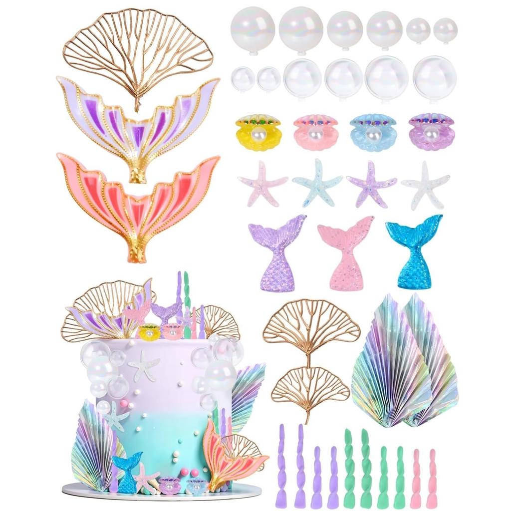Mermaid Cake Toppers, 38pcs Under the Sea Cake Decor Set With Golden Ginkgo Leaves for Birthday Mermaid Theme Party Supplies