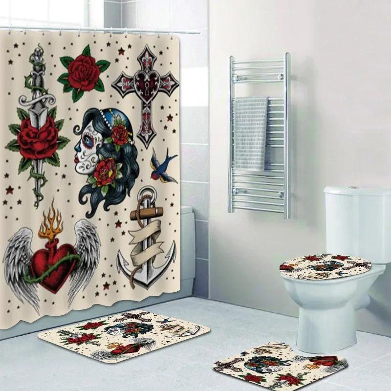 Old School Tattoo Art Shower Curtain Set For Bathroom Vintage Punk Skull Anchor Dagger Curtains Rug Mat Halloween Decor
