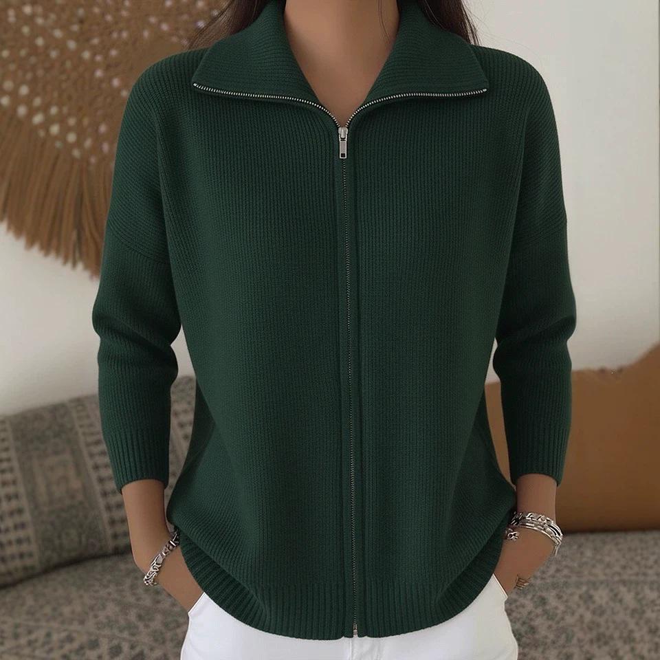 2026 European & American Women's Zipper Knit Cardigan for Autumn/Winter - Solid Color Casual Fashion.