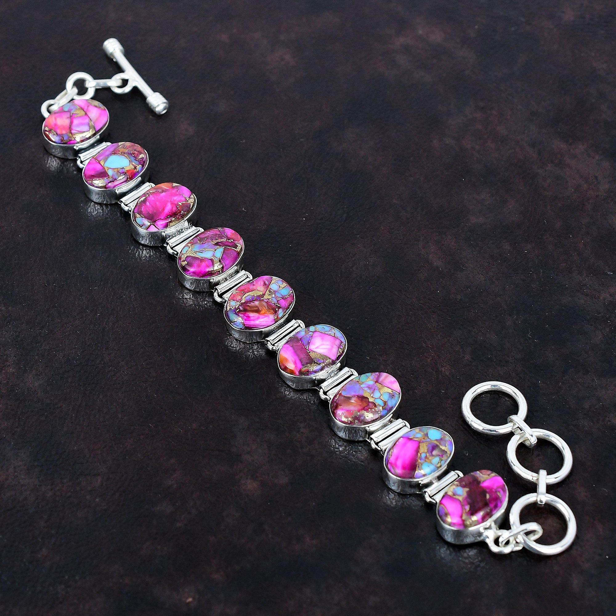 

Natural kingman pink dahlia turquoise bracelet gemstone jewelry 925 sterling silver adjustable chain bracelet handmade jewelry gifts for mom Adjustable