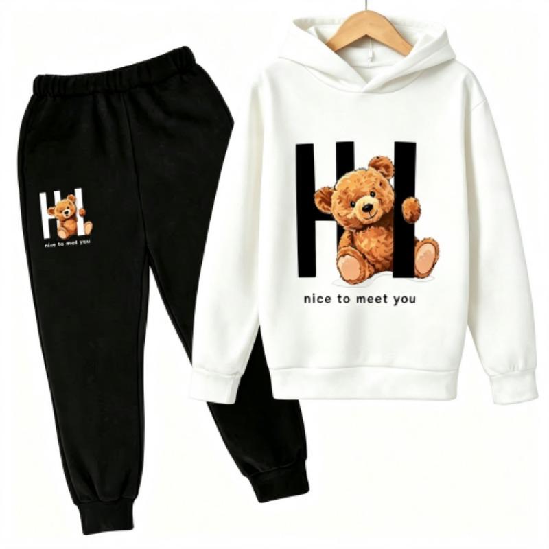 Spring Autumn Fashion Kawaii Anime Cartoon Teddy Bear Print Kids Pullovers Pants 2-piece Set Street Casual Fashion Hoodies Vintage Boy's Girl Clothes