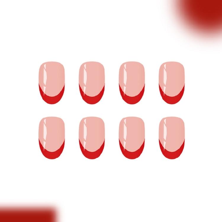 French Style Press On Nail 24Pcs Glossys Red Holiday Design Short Almond Shape Sparkles Easy Application