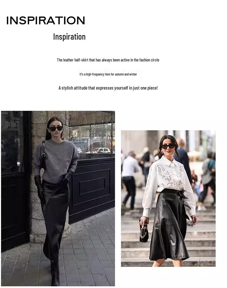 Noble Flare Umbrella Skirt: Bud-Shaped Sheepskin Midi with Elastic Waist for Versatile Commuting