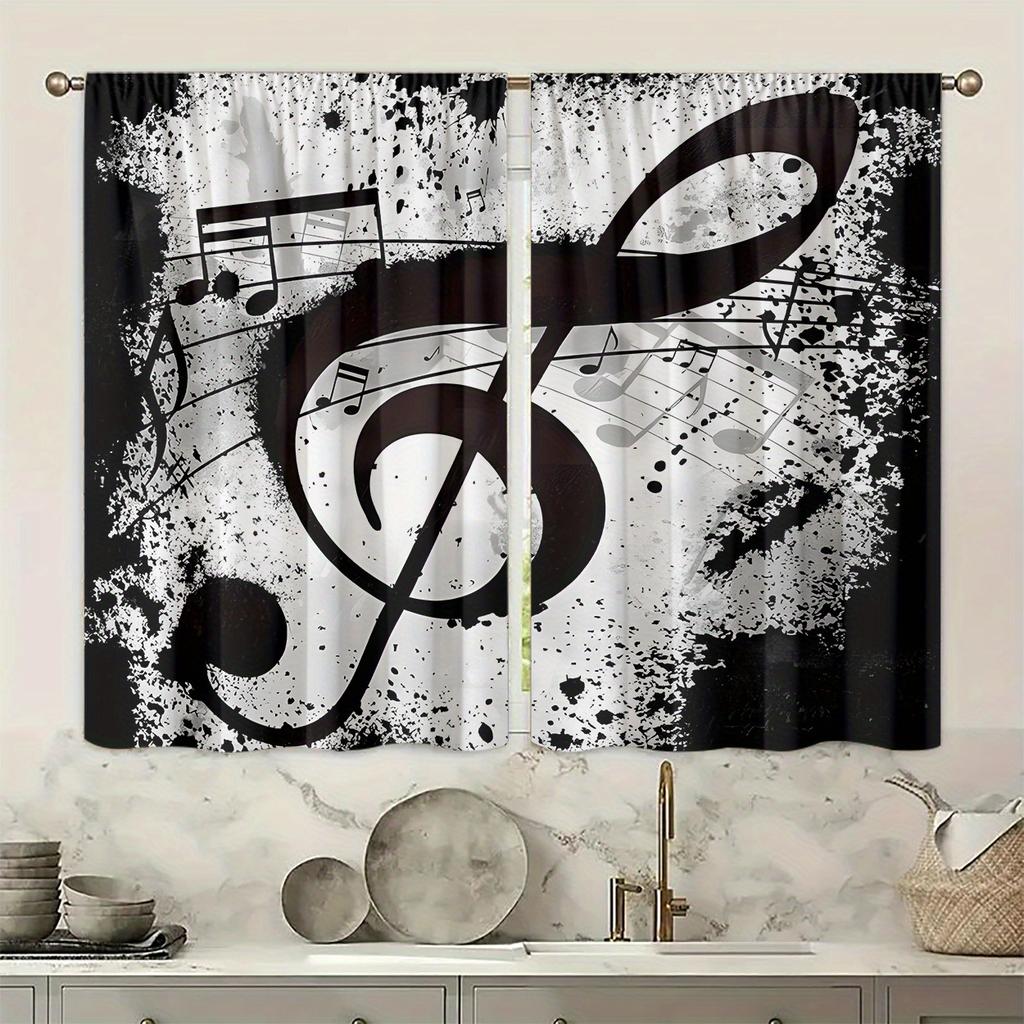2pcs, Polyester Material, HD Digital Printing Black and White Musical Note Pattern, Light Filtering Curtain, Suitable for Bedroo