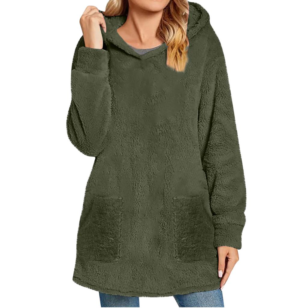 Womens Fuzzy Fleece Pullover  Double  Hoodies Ladies Warm Tops Winter Cozy Sweatshirt With Pockets