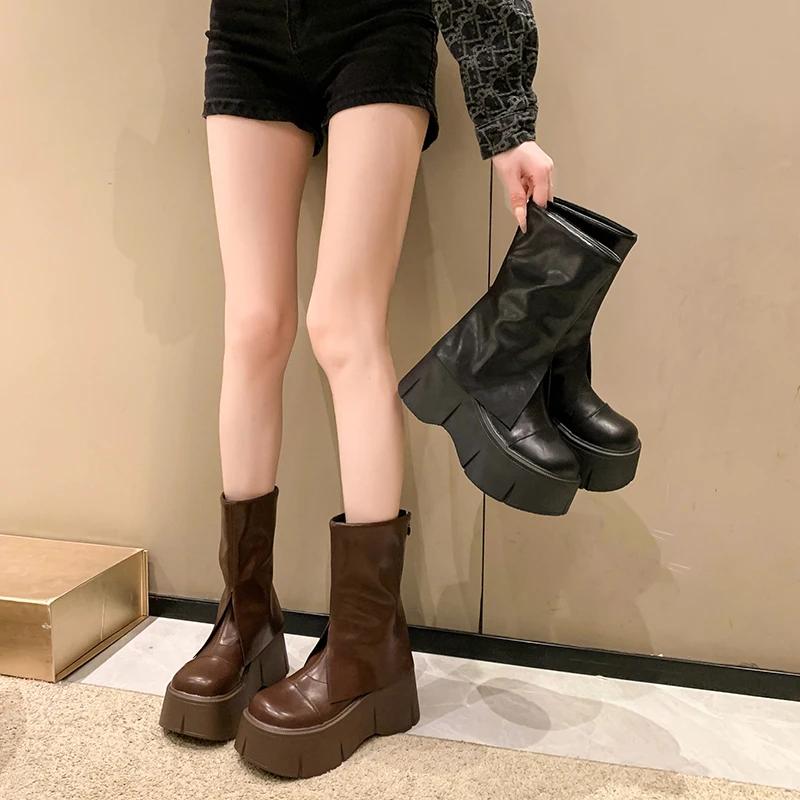 Mode Herbst Motorrad Damen Stiefeletten Street Goth Plateau Rock Chunky Heels Punk Designer Schuhe Ritter Kurze Stiefel Frau Winter