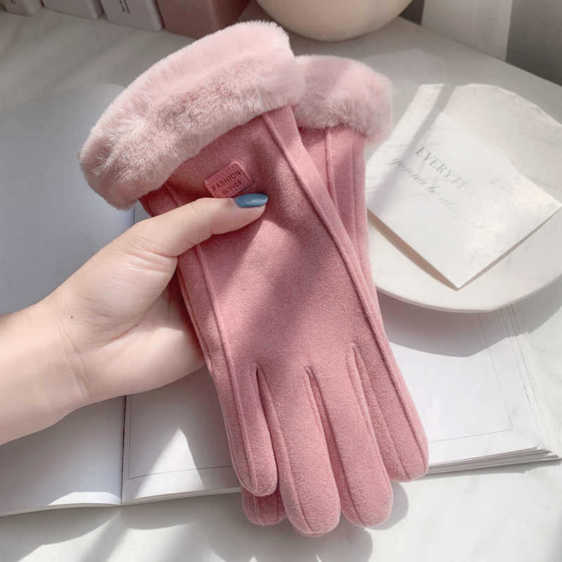 Women'S Autumn Winter Warm Double-Layer Thick Velvet Cycling Cute German Velvet Anti Cold Cycling Windproof Touch Screen Gloves