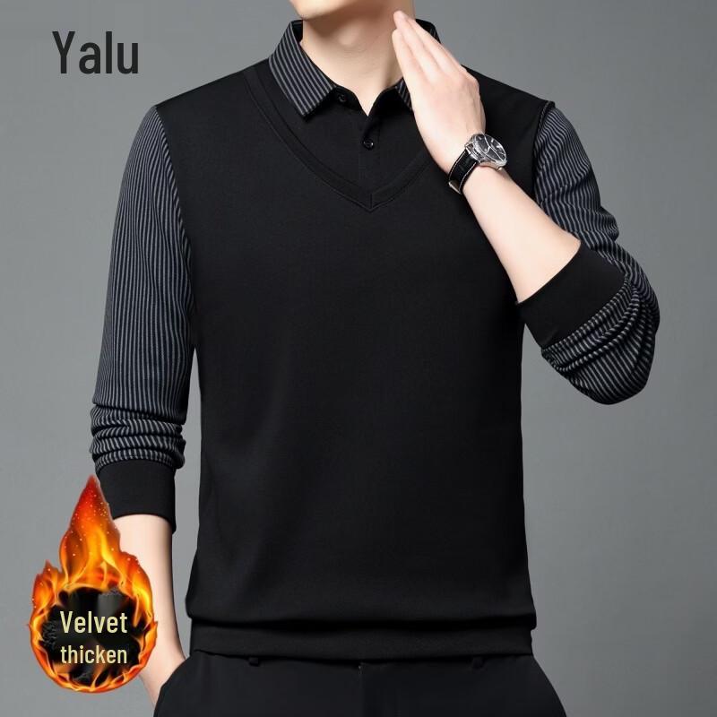 Yalu Men's Faux Two-Piece Fleece-Lined Shirt-Collar Sweater