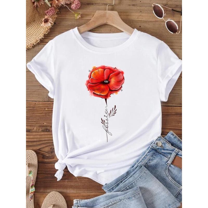 (European Size) 90s Style Women T Shirt Flower Trend Cute Short Sleeve Tee Top Clothing Fashion Print Lady Casual Female Graphic T-shirts