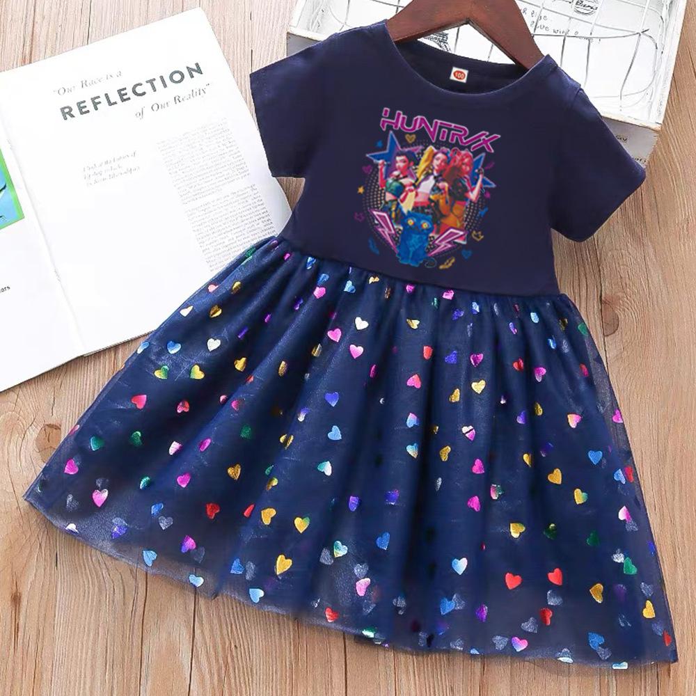 Cute Huntrix Girls Short Sleeve Dress Cartoon Band Print Colorful Heart Tulle Skirt Kids Casual Princess Tutu Dress for Daily Holiday Birthday Party