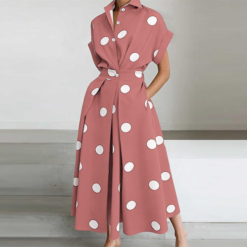 ZANZEA Женское повседневное платье с коротким рукавом, воротником-стойкой и принтом в горошек 3XL камео розовый