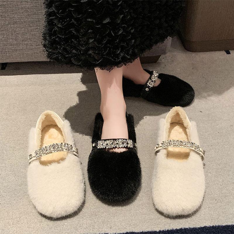 Internet celebrity flat Mary Jane Mao Mao single shoes women's shoes 2025 new autumn and winter wear warm velvet cotton shoes