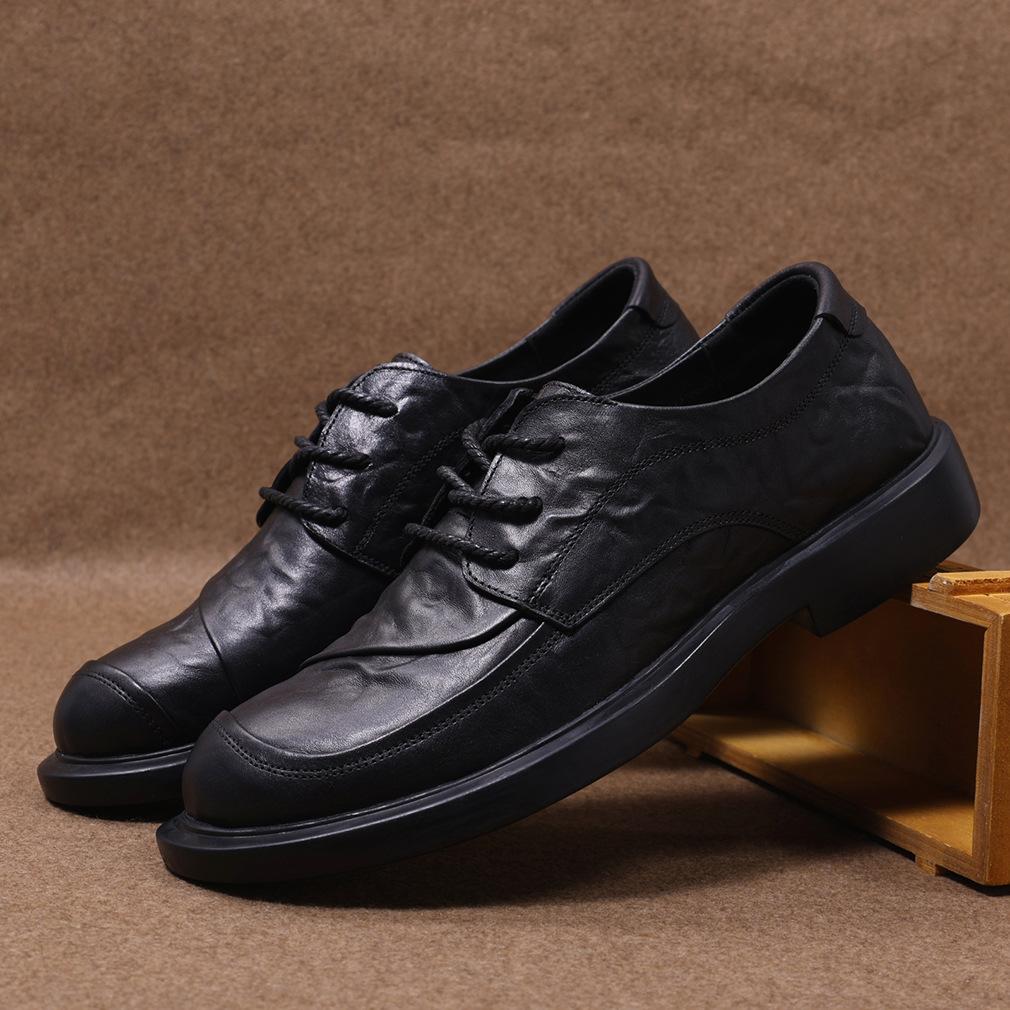 Cowhide Men's Leather Shoes Breathable Lace Up Round Toe Versatile Soft Sole Wear-resistant British Formal Business Casual Men's Shoes