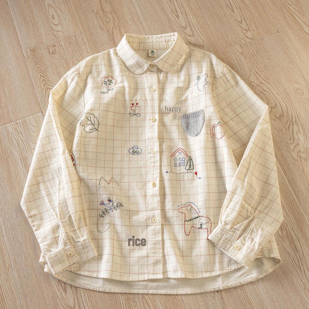 2025 Autumn/Winter Women's Mori Girl Style Plaid Embroidered Long Sleeve Shirt
