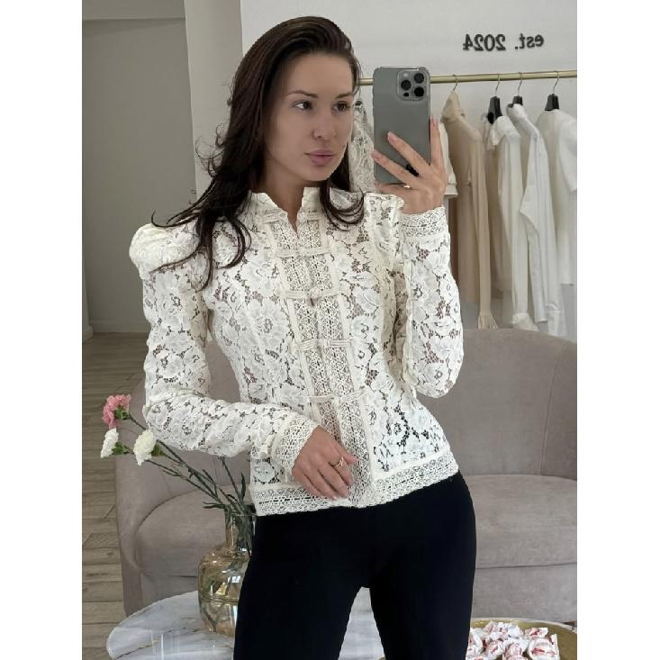 Nová krajková háčkovaná květinová dámská košile Módní dojíždění Dlouhý rukáv Kardigan Top Retro Slim Stojáček Dámské halenky