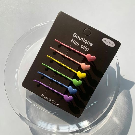 6Pcs Girl Hairpins Baking Paint Process No Peeling Stable Grip Metal Clip Base Hair Pins Star Heart Bowknot Decor Candy Color Hair Clips