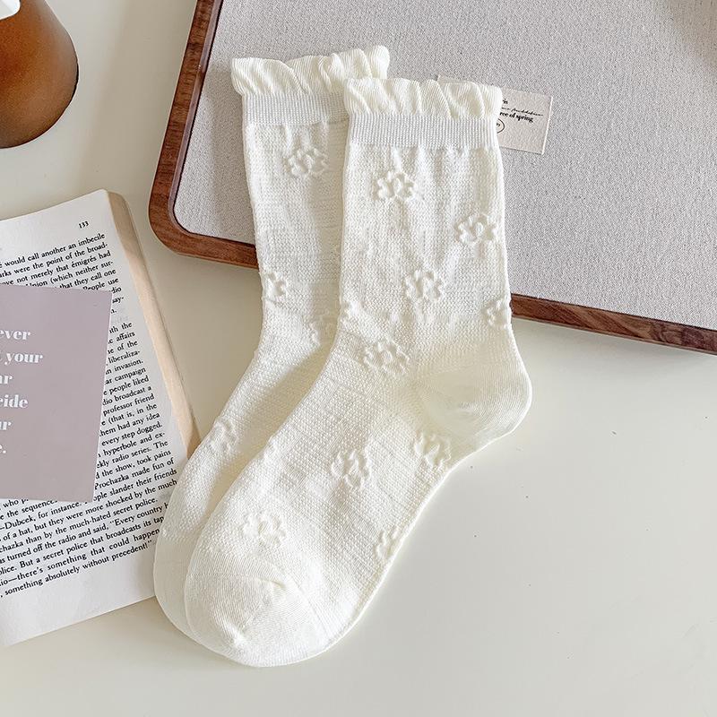 Women's Autumn Lace Ruffle Ballet Socks - Simple White Breathable Mid-Calf Scrunched JK Style.