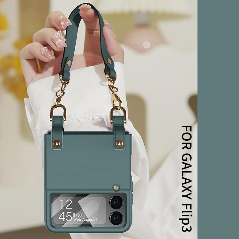 Ultradünne Matte Handtaschenhülle mit Handschlaufe für Samsung Galaxy Z Flip 3 Hülle Stoßfeste Abdeckung mit kleiner Glasfolie für Flip3