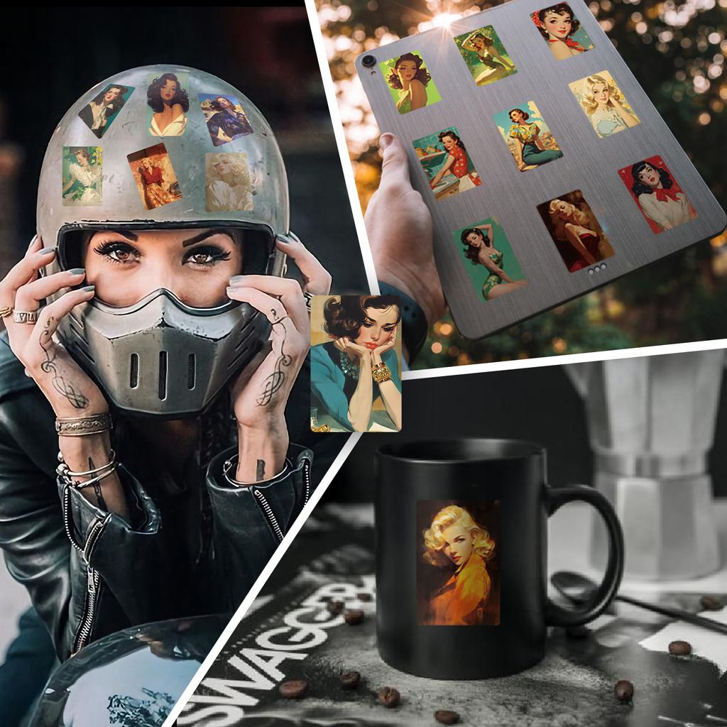 Sada 50 ks retro samolepek s pin-up dívkami, vintage americké sexy lady graffiti nálepky na dekoraci