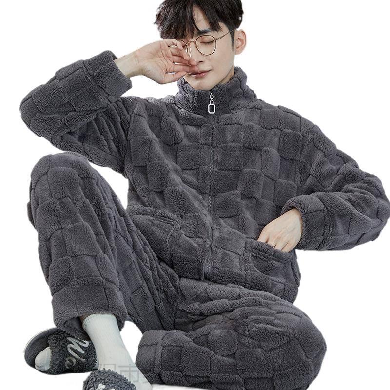 Men's Thickened Coral Fleece Long-Sleeve Flannel Pajama Set for Autumn and Winter - Wearable Outdoors
