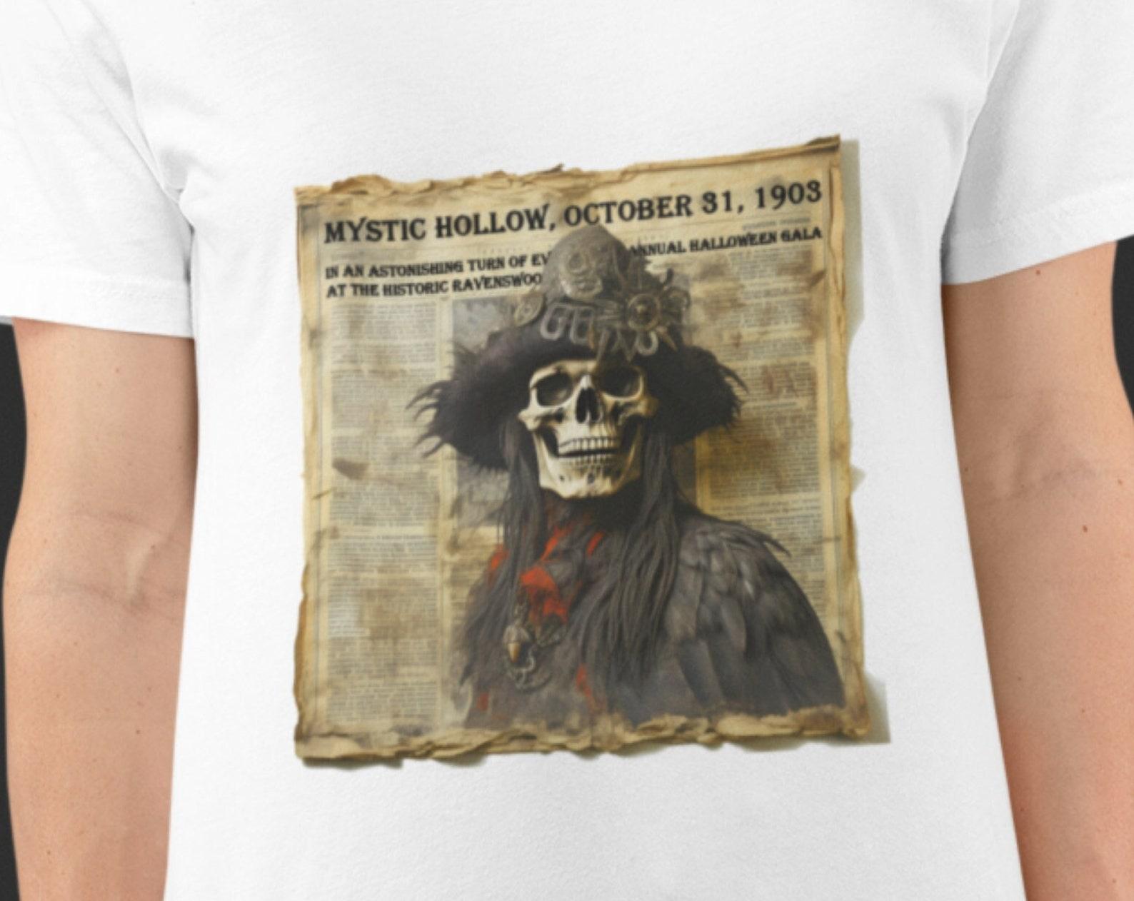 Vintage Halloween Skeleton T-Shirt: Pirate Newspaper Tee M