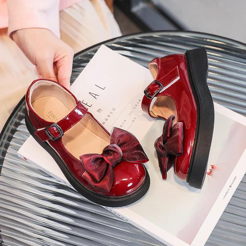 Girls Mary Jane Shoes with Butterfly-knot Children Leather Shoes for Party Wedding Fashion Kids Sweet Princess Performance Shoes