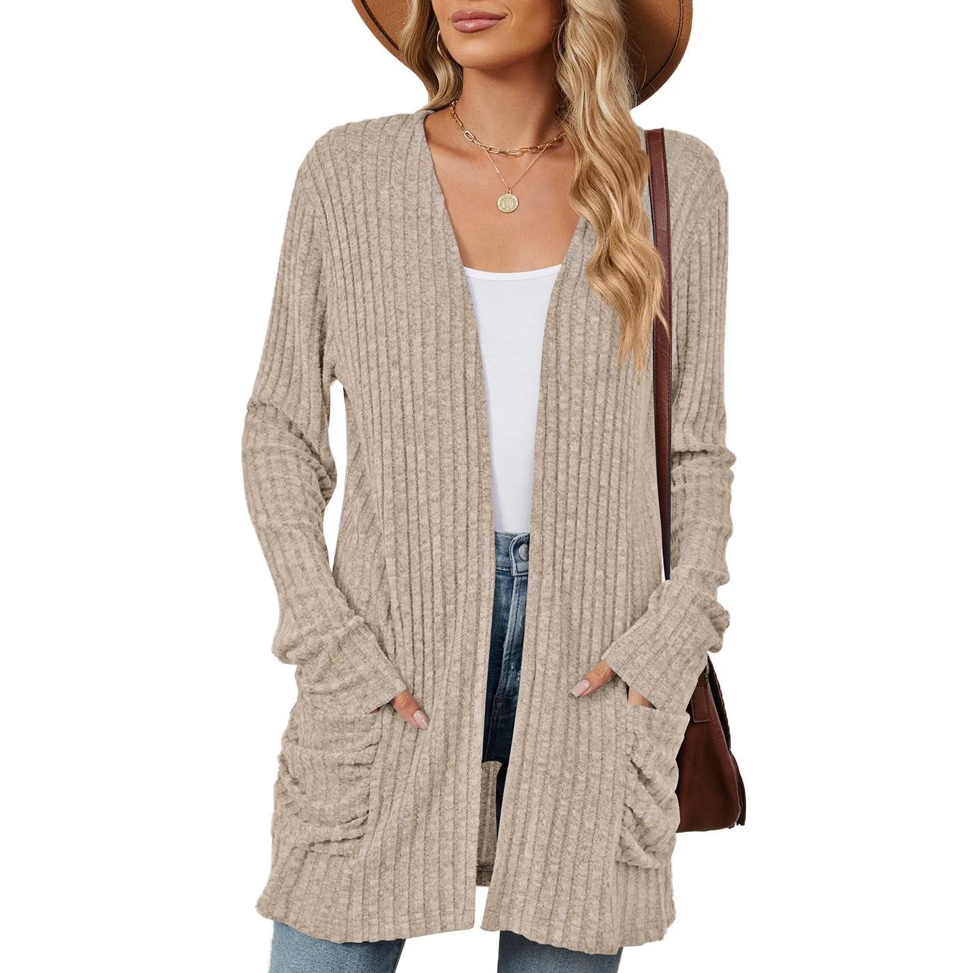 

Осень Зима Однотонный Повседневный Кардиган Вязаный с Длинным Рукавом и Карманами Женский Базовый Трикотаж в Стиле Рубашки с Открытым Передом XXL хаки