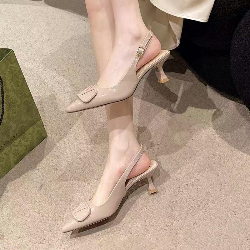 New thin heel black patent leather high heels pointed head with bag head sandals women's summer wear
