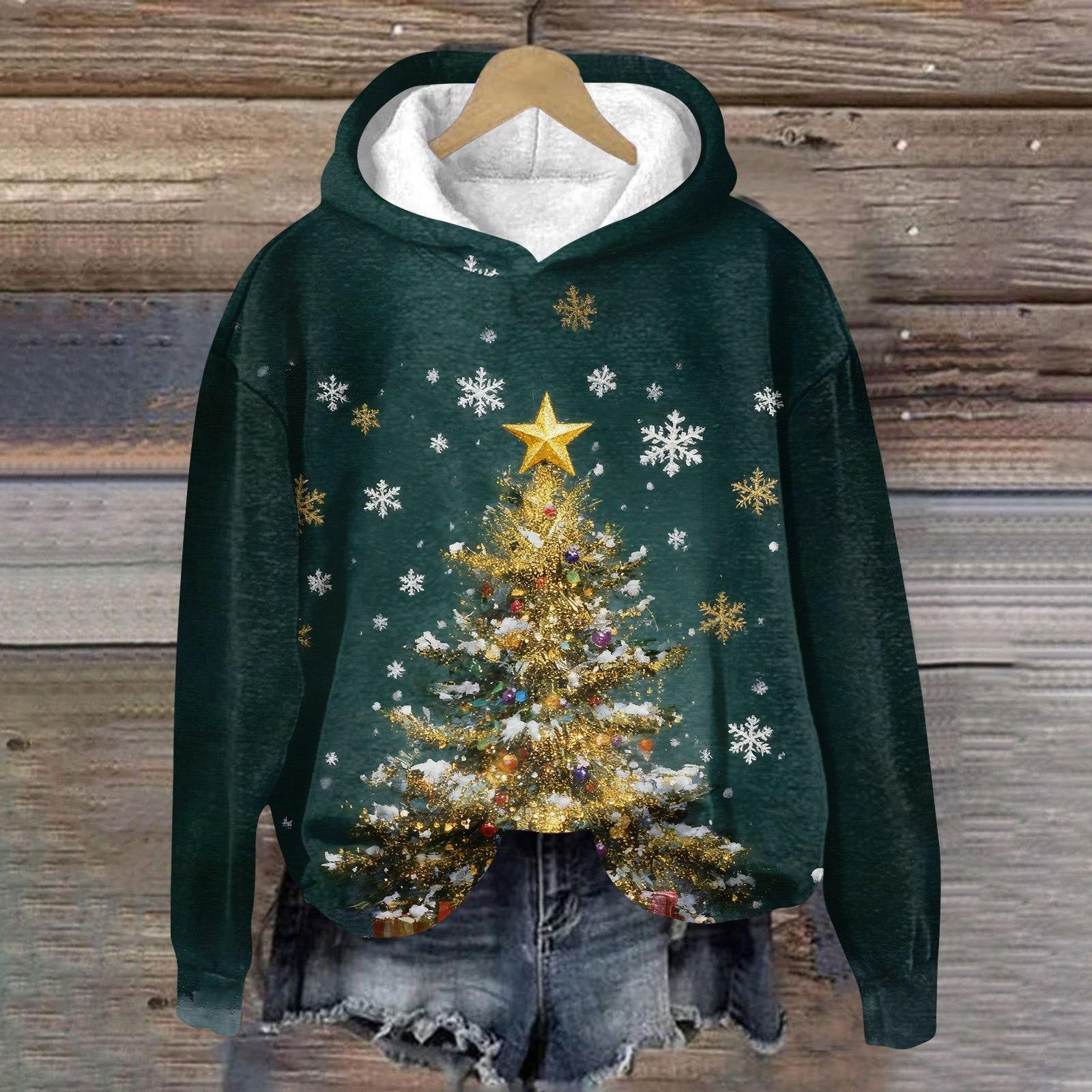 

Women s Fashion Long Sleeve Christmas Print Loose Hooded Sweatshirt Top XL