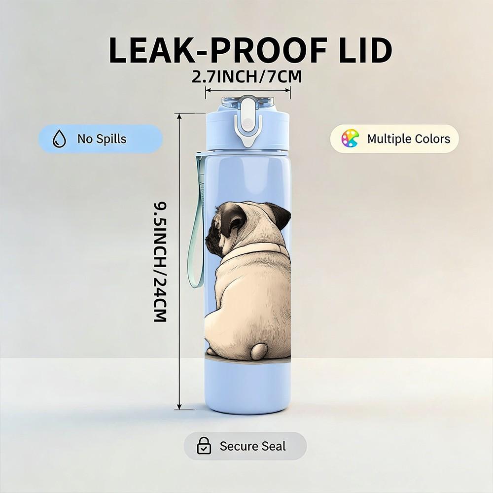 1PC Pug Bulldog Portrait 750ml Color Plastic Sports Water Bottle Leakproof Flip Straw Lid Suitable for Sports Office Home Use