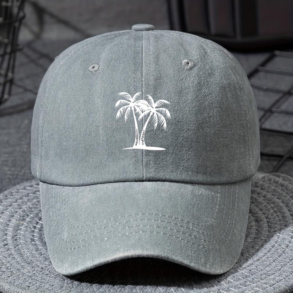 A Unisex Lightweight Fashionable Baseball Cap with a Coconut Tree Print Suitable for Boys and Girls in a Vintage Washed Style