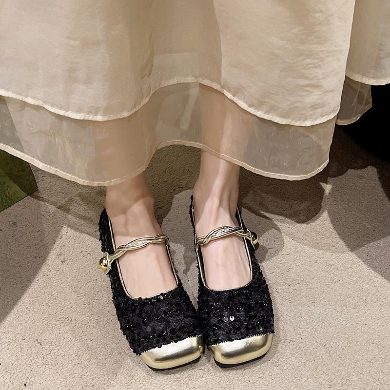 

2025Rhinestone Pear Women Square Heel Flat Shoes 2025 New Shiny Buckles MaryJane Shoes Luxury Brand Ladies Versatile Casual Shoe 35