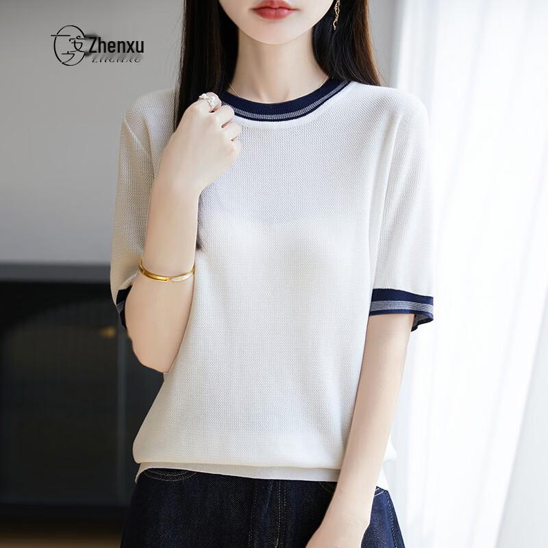Women's Lyocell-Cotton Blend Silk Knit Color-Block Short Sleeve T-Shirt