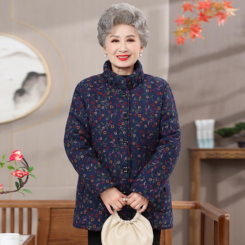 

Pure Cotton Jacquard Jacket - Fleece-Lined Winter Coat for Middle-Aged and Elderly Women XL (recommended for up to 105 kg) синий