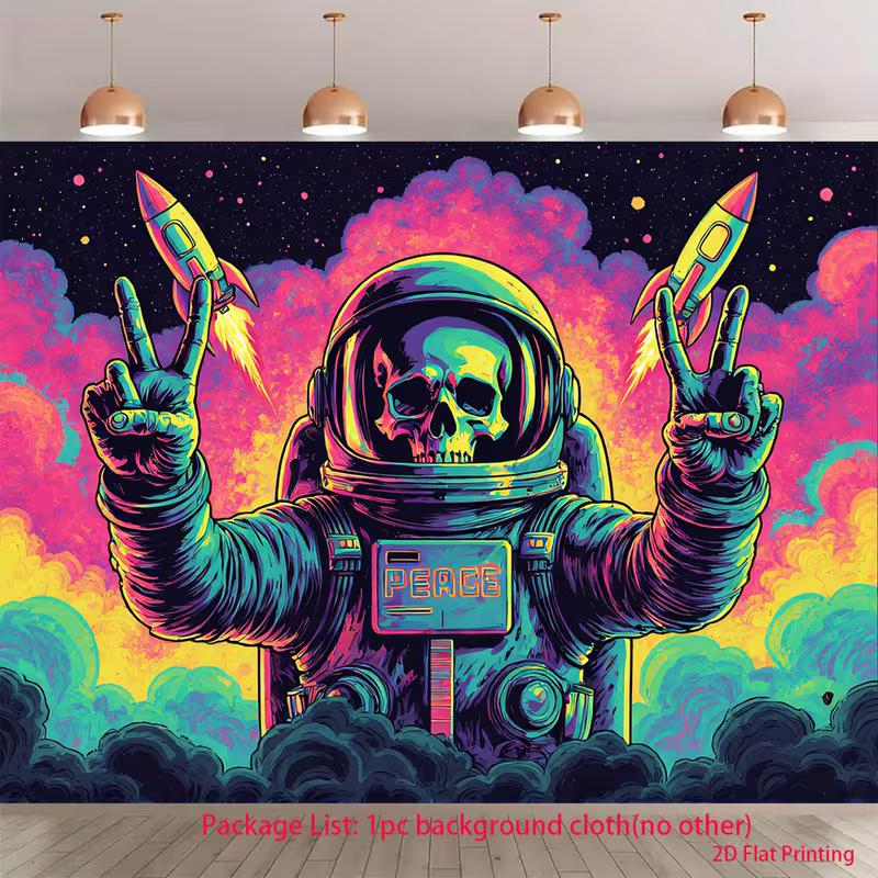2D Neon Astronaut Background, Peace Sign Skull Spaceman & Cosmic Clouds Backdrop 47.2x31.5inch/120*80cm