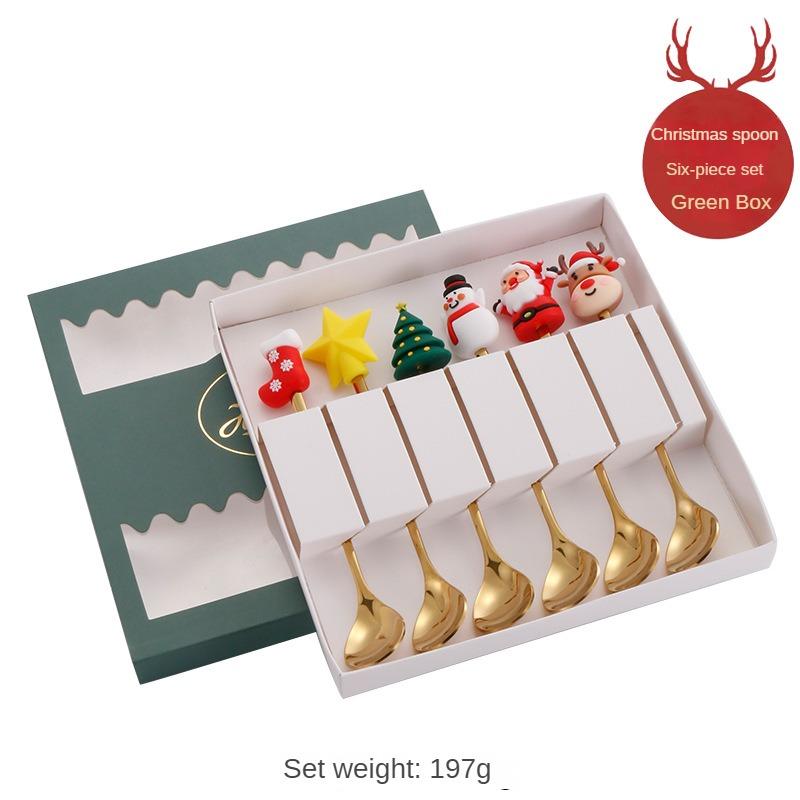 Christmas Cutlery Gift Set Stainless Steel Spoon Home Gift Spoon Set Gift Box Santa Claus Reindeer Coffee Spoon Dessert Spoon