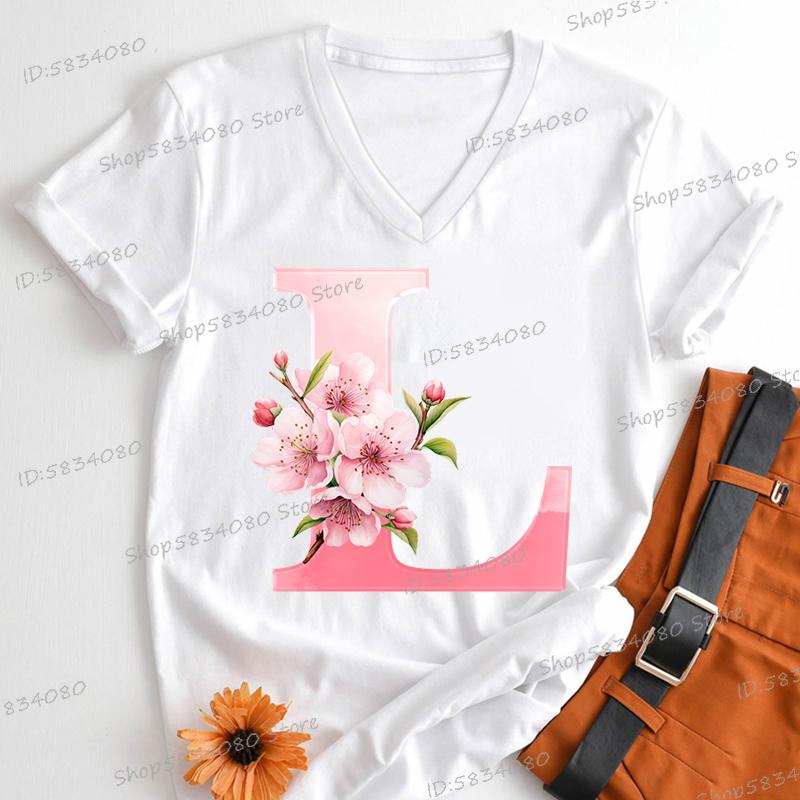 Pink Sakura Alphabet Graphic T Shirts Women AZ 26 Alphabet Pink Flower Cartoon Tshirts Cherry Blossom Letters Casual Tops Tees