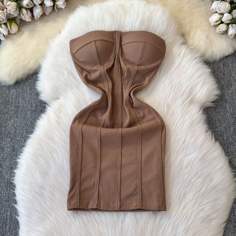 

Лето 2025 Новинка Ozhouzhan Гяру Сексуальное Открытая спина Без рукавов Топ-труба Облегающее Облегающее Короткое Платье-футляр Light brown One size