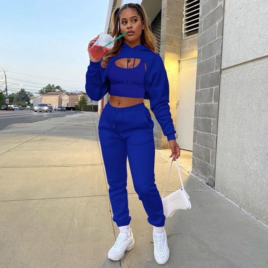 Fashion, Women's Clothing, Plush, Solid Color, Hooded Sweatshirt, Long Sleeved Drawstring, Long Pants Vest, Three Piece Set