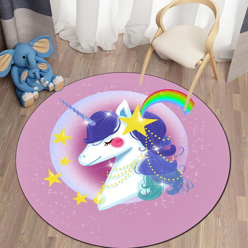 Alfombra redonda con bonitos dibujos de unicornios para dormitorio de niños, alfombra antideslizante para gatear, alfombra para sala de estar, felpudo decorativo para el baño